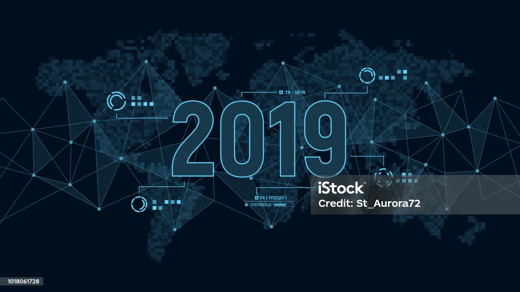 Moderne futuristische Vorlage für 2019 auf Hintergrund mit Polygonen Verbindung Struktur und Welt Karte in Pixel. Visualisierung von digitalen Daten. Business-Technologie-Konzept. - Lizenzfrei Technologie Vektorgrafik