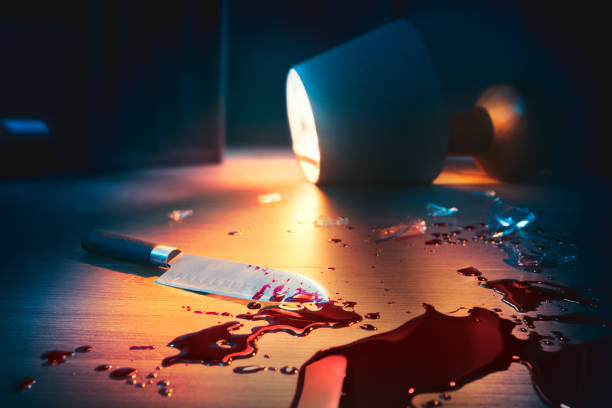 istock Bloody crime scene with knife on the floor 1018066414