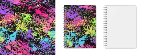 Vector illustration of Cover design of notebook with seamless multicoloured texture  and realistic vector image (layout, mock-up) of a hardcover notebook