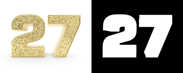 istock Golden number twenty seven (number 27) on white background with drop shadow and alpha channel. 3D illustration 1018078954