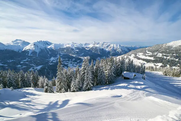 Photo of the Silvretta Montafon Ski Resort in Winter with ski slopes.