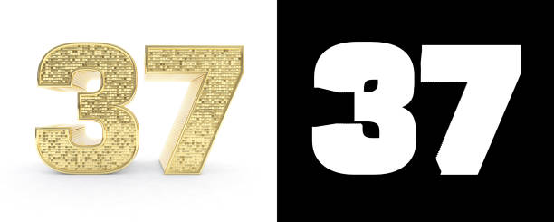 istock Golden number thirty seven (number 37) on white background with drop shadow and alpha channel. 3D illustration 1018079150