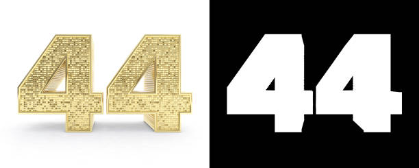 istock Golden number forty four (number 44) on white background with drop shadow and alpha channel. 3D illustration 1018079254