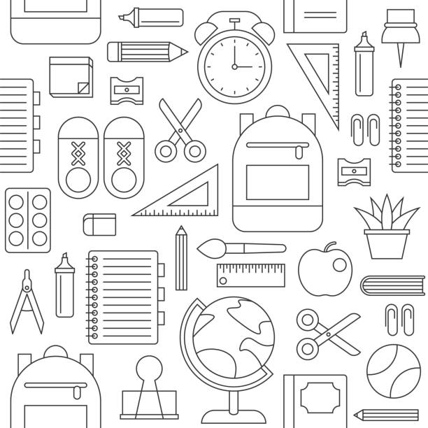 ilustrações de stock, clip art, desenhos animados e ícones de school supplies seamless pattern, back to school theme - education childhood school drawing compass