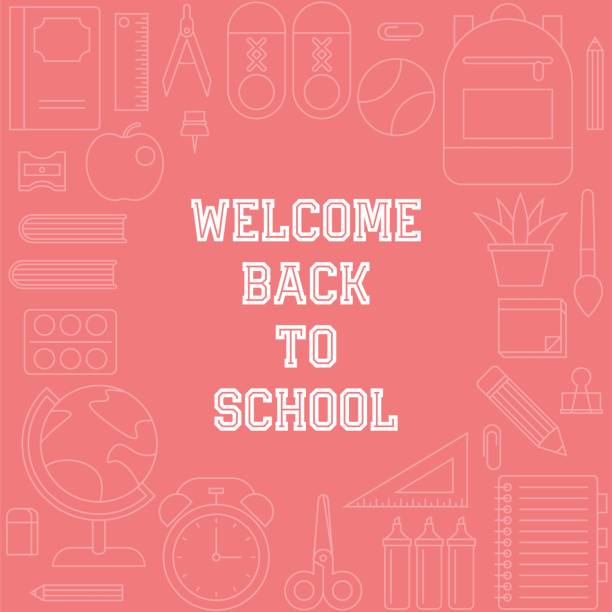 ilustrações de stock, clip art, desenhos animados e ícones de welcome back to school poster with outline school supplies theme - education childhood school drawing compass