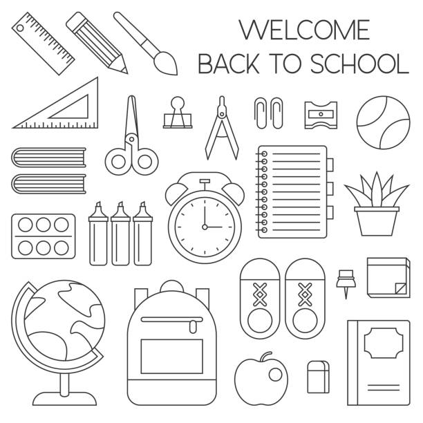 ilustrações de stock, clip art, desenhos animados e ícones de school supplies outline icon, back to school theme - education childhood school drawing compass