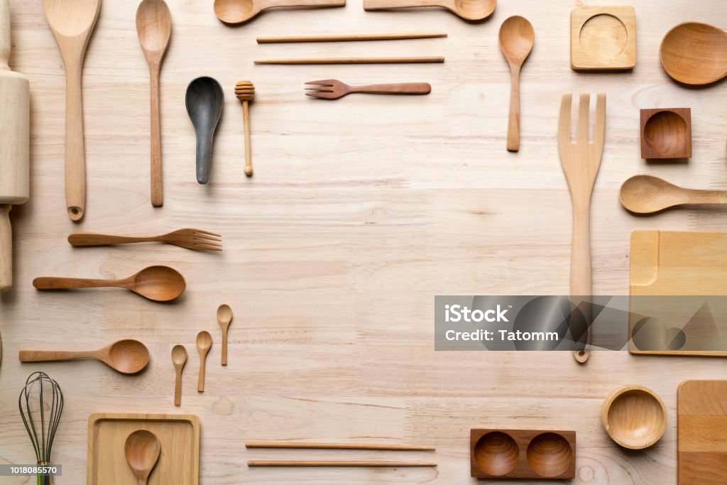 kitchen utensils for cooking on the wooden table, food prepare concept Arranging Stock Photo