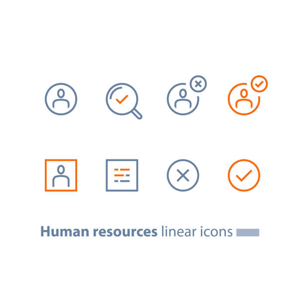 Human resources, choose candidate, recruitment service, fill vacancy, employment concept, application form review, staff search Recruitment service, human resources, choose candidate, fill vacancy, employment concept, application form review, staff search, questionnaire check box, vector line icon, thin stroke voter registration stock illustrations