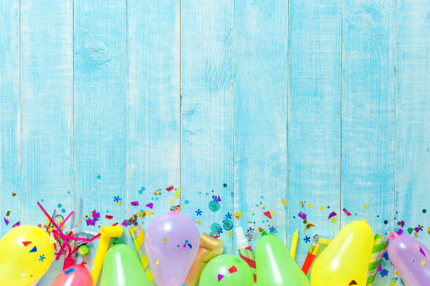 istock Top view decoration party on wooden blue background flat lay 1018091906