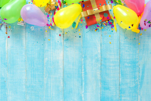 istock Flat lay decoration party on wooden blue background top view 1018092014