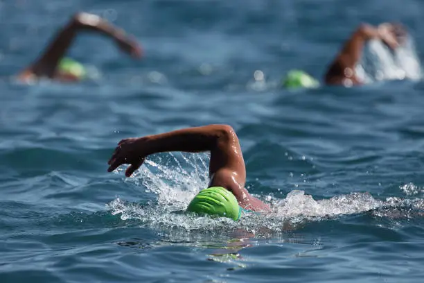 Three swimmers swim in the ocean,training for triathlon