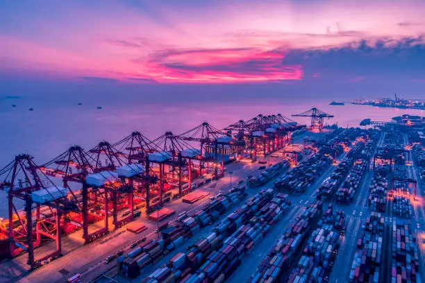 View of Shanghai Yangshan deepwater port at sunset.