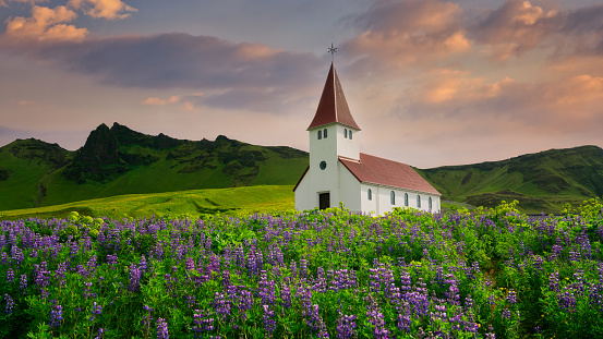 Beautiful scene of Vik church in summer, Southern Iceland.