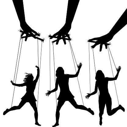 Manipulating arms controlling puppet silhouettes of three women