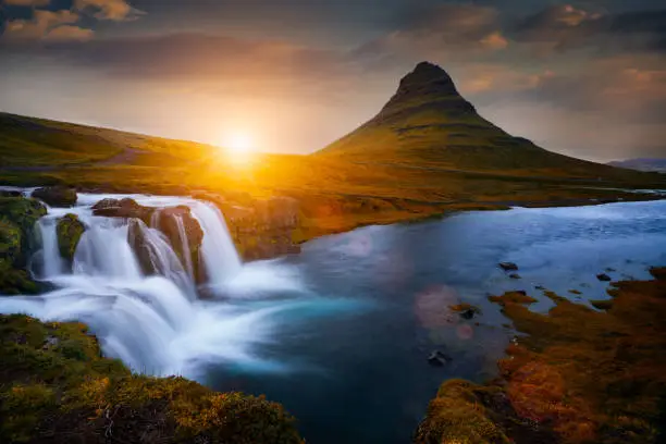 Photo of Beautiful waterfall landscape at Kirkjufell mountain, Snaefellsnes peninsula, Iceland