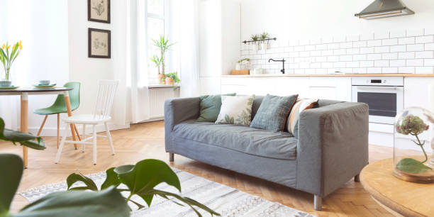 istock Modern and design scanidnavian open space with kitchen and living room. Sunny and bright space whit white brick walls , a lot of plants and sofa. 1018117712