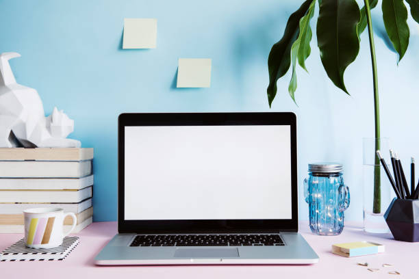 istock Stylish and creative desk with laptop mock up screen, books, tropical leaf, cat figures, cacti cup, office accessories and cup of coffee. Blue background wall. Design home office interior. 1018118912