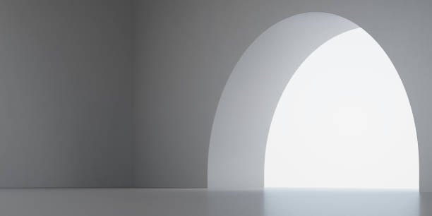 istock 3D stimulate of  curve concrete interior space with sun light cast the shadow on the wall and floor,Perspective of minimal design architecture,3d rendering 1018121544