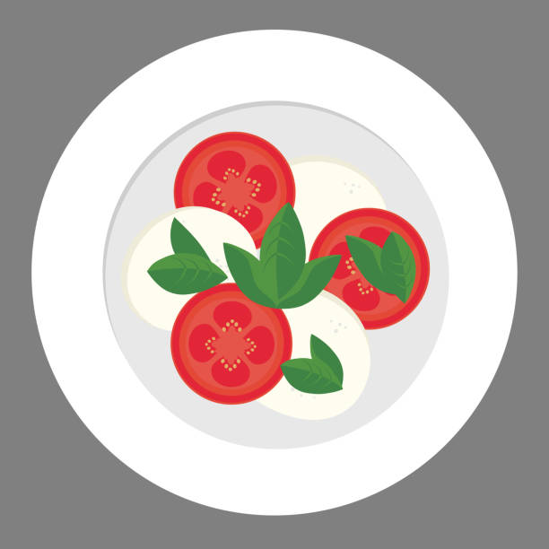 белая фарфоровая тарелка с ломтиками помидоров, сыром моцарелла и листьями зеленого базилика, капрезе - вектор, плоский дизайн - caprese salad salad restaurant vinegar stock illustrations