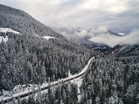 Pacific Northwest winter drone shot above Highway 2