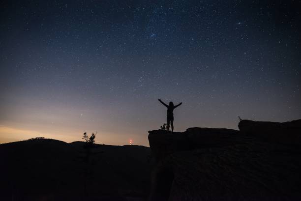 istock Woman standing at mountain top at starry night 1018126960