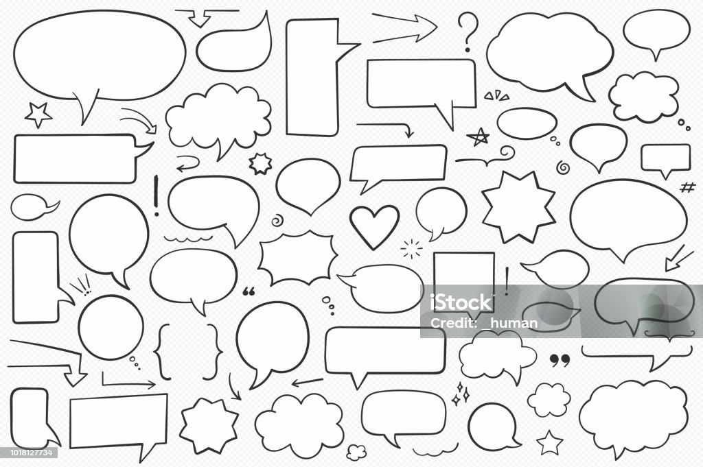 Speech Bubbles Collection of hand drawn speech bubbles, arrows and other design elements, solid shapes, vector eps10 illustration Speech Bubble stock vector