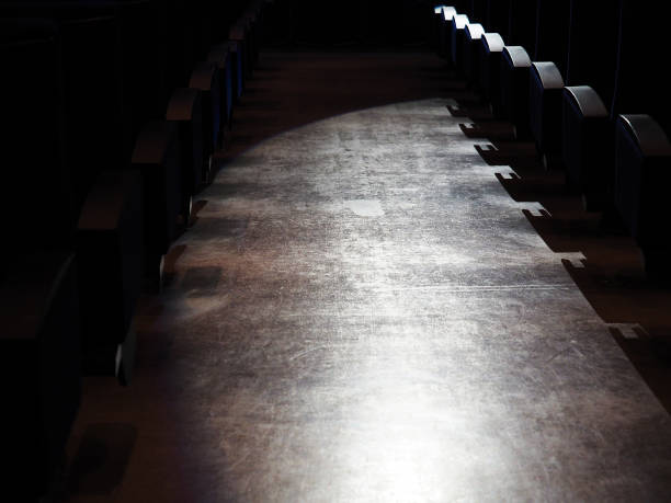 Dark theater, rows of black armchairs, light spotlight between rows. Empty theater