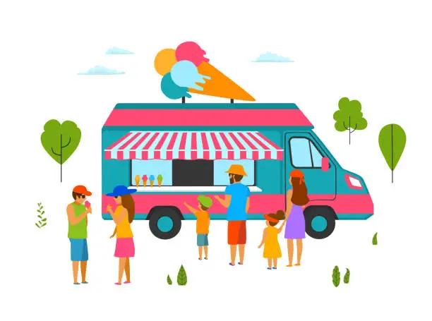 Vector illustration of people in the park eating buying ice cream sold in a truck