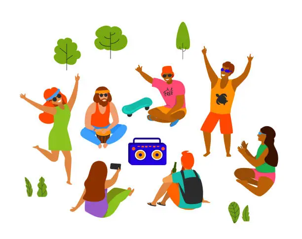 Vector illustration of group of young people, men and women celebrating, dancing, party, playing chilling in the park isolated vector illustration scene