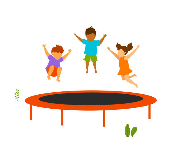 children jumping on outdoor trampoline vector illustration children jumping on outdoor trampoline vector illustration trampoline stock illustrations