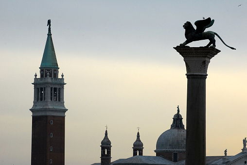 The Campanile and the statue of the lion of Venice