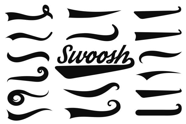 типографские swash и swooshes хвосты. ретро свистит и swashes для спортивной типографии, логотипы, бейсбольный шрифт - scroll shape stock illustrations