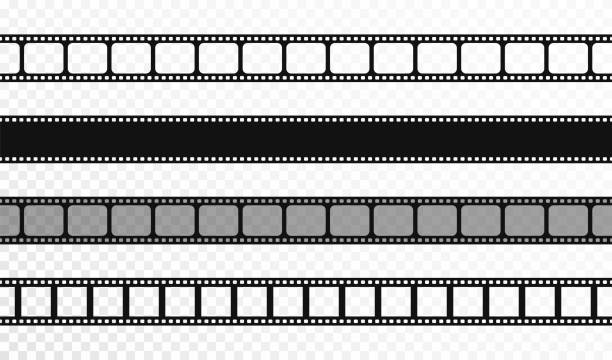 Seamless film strips on transparent background. Vintage cinema and photo tape. Retro film strips Seamless film strips on transparent background. Vintage cinema and photo tape. Retro film strips. Vector camera photographic equipment illustrations stock illustrations