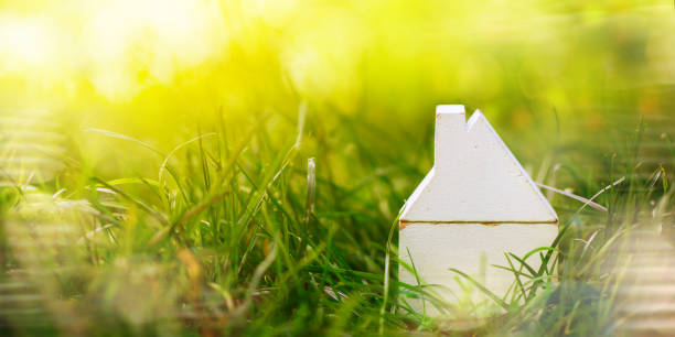 istock Small model wooden white house over green grass background 1018137916