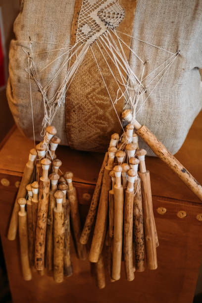 istock Bobbin lace equipment for handmade craft, lace-making wooden tools 1018139198