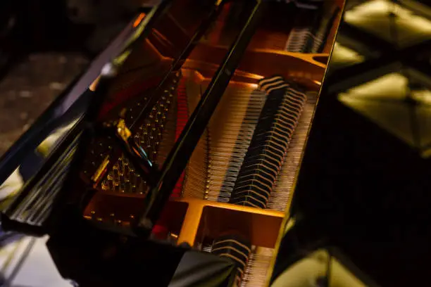 Piano close up. Grand piano detail Open inside music instrument closeup