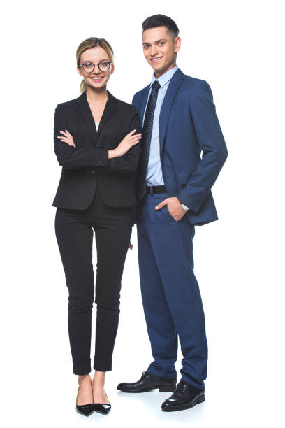 istock happy business partners in suits looking at camera isolated on white 1018143132