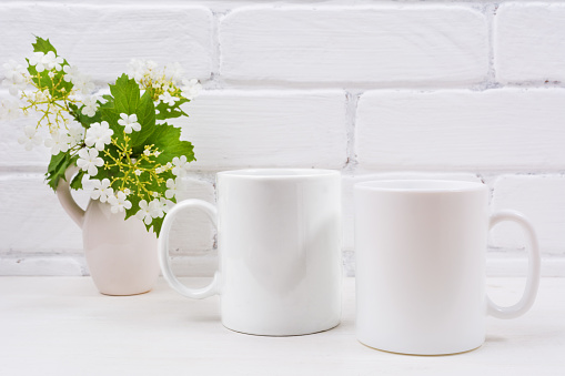 Two white coffee mug mockup with flowering viburnum branch.  Empty mug mock up with flowers for design promotion.