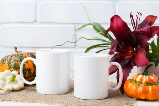 Photo of Two coffee mug mockup with pumpkins and lily