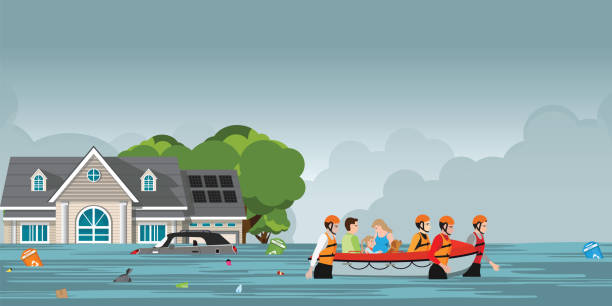 rettungs-team, menschen zu helfen, indem man ein boot durch eine überschwemmte straße - flood stock-grafiken, -clipart, -cartoons und -symbole