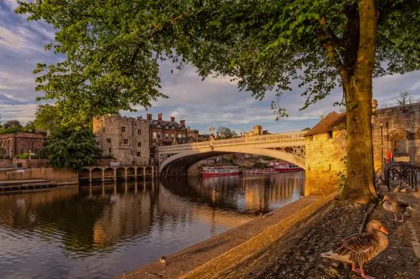 Lendal Bridge at sunset.  The bridge is relected in the River Ouse and ducks are in the foreground.