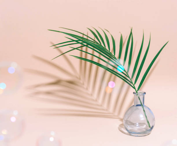 istock Minimal pure composition with palm leaf in a vase on pastel background. Creative minimal concept. 1018175398