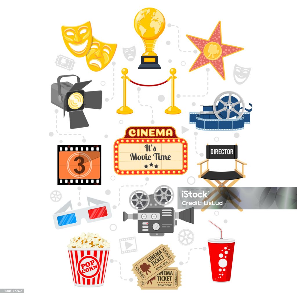 Cinema and Movie Infographics Cinema and Movie infographics with Flat Icons Set popcorn, award, 3D glasses, tickets. Isolated vector illustration Movie stock vector