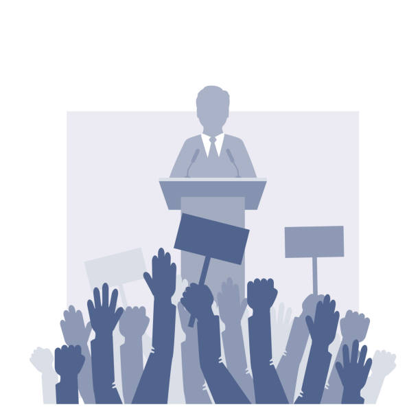 Speaker stands in front of the crowd. Vector illustration Speaker stands in front of the crowd. Vector illustration. Eps 10 man at podium stock illustrations