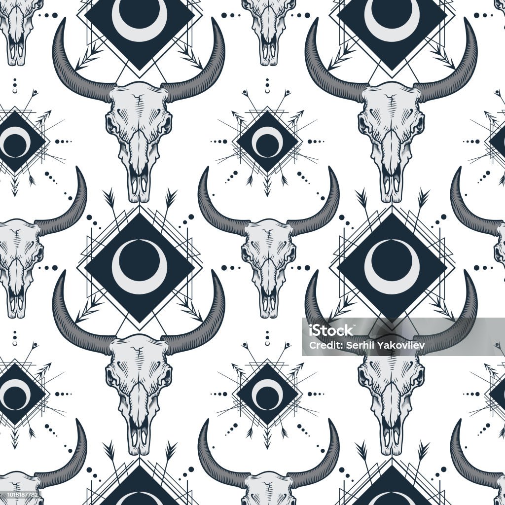 Bull Skull Pattern Vector Seamless Pattern With Bull Skulls In Engraving Technique And ...