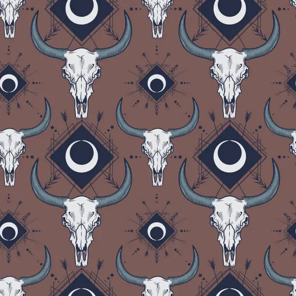 Vector illustration of Vector seamless pattern with bull skulls in engraving technique and boho ornament.
