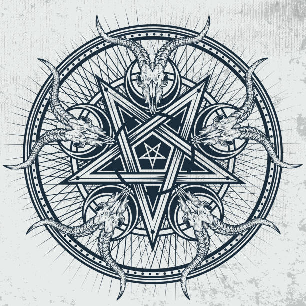 Stylish pentagram with goat skulls and star rays. Vector hand crafted illustration on grunge background. Good for posters, stickers, t-shirt prints, banners. heavy metal stock illustrations