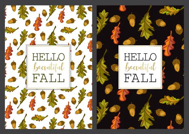 Vector illustration of Hello beautiful fall. Illustrative card collection with autumn theme.