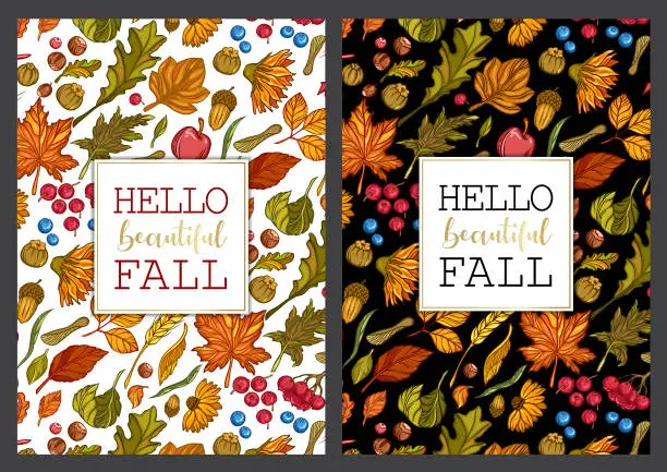 Vector illustration of Hello beautiful fall. Illustrative card collection with autumn theme.