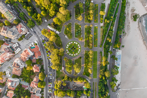 Drone view over flower structure in the sea garden in Burgas, Bulgaria. The scene is situated outdoors near sunset in Burgas, Bulgaria on the Black Sea shores. The photo is taken with DJI Phantom 4 Pro drone.
